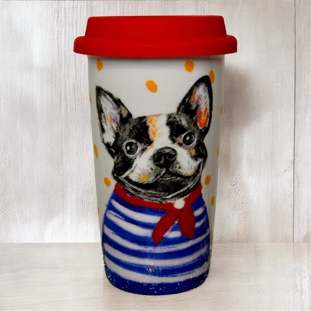 Pier 1 Boston Terrier Ceramic Travel Mug with Red Silicone Lid Retired